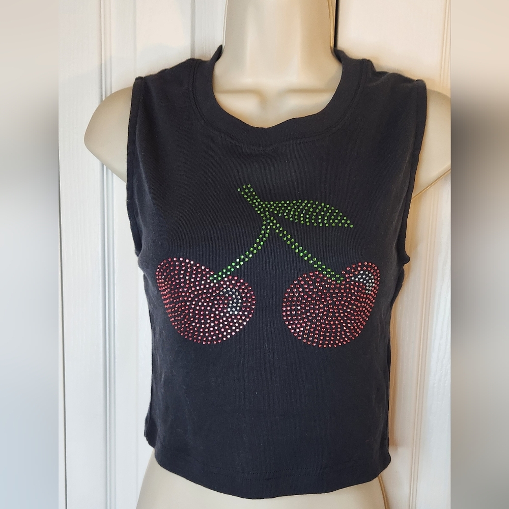 Urban Outfitters Medium Black Crop Top with Cherry Rhinestone Design - Picture 1 of 5